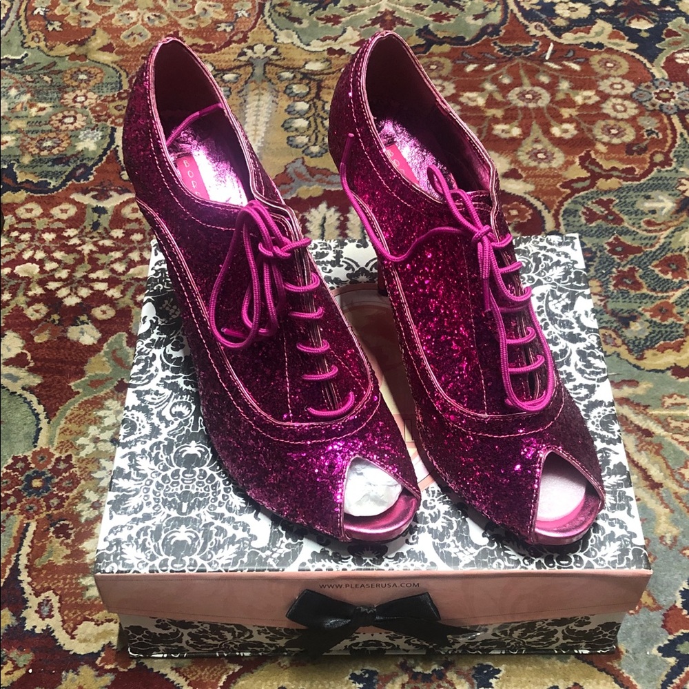 Bordello Fuchsia pink Glitter Peep Toe Heels